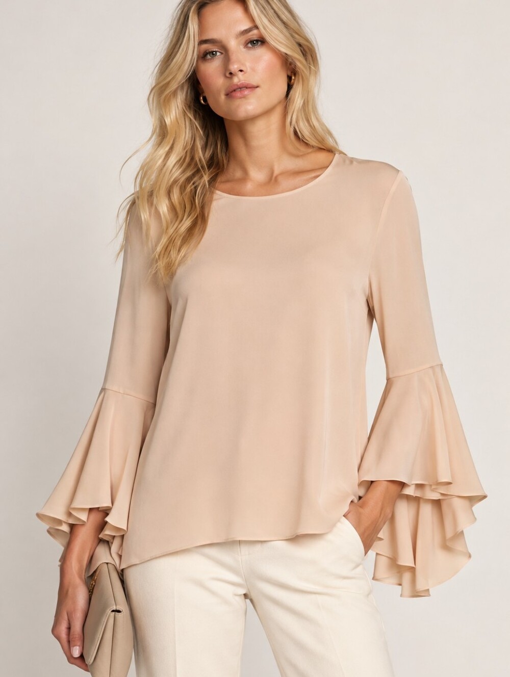 Milly Silk Bell Sleeve Blouse Size 6 Nude Beige 92% Silk Romantic Boho Top